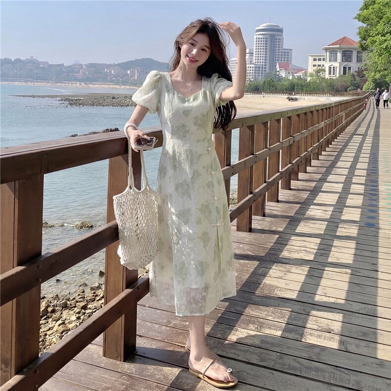新中式给g风盘扣印花收腰连衣裙,女装连衣裙,采品优优