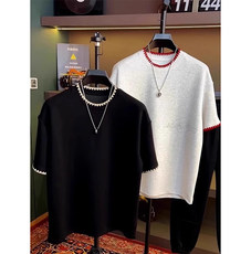 抖音得物二开240克宽松纯棉美式高街痞帅贝壳绣花工艺短袖T恤，男装T恤，电商A486-1
