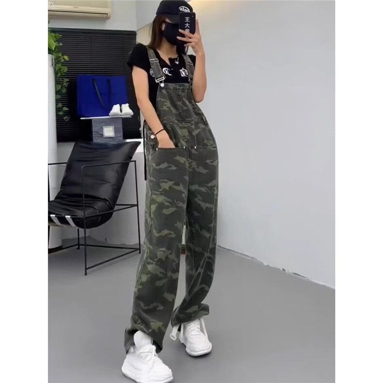 2025春夏季休闲迷彩军绿色牛仔背带裤女宽松小个子显高阔腿连体裤,男装牛仔裤,星座506A