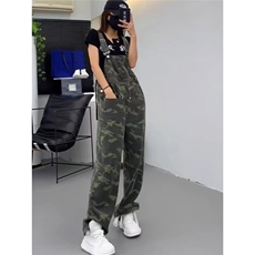 2025春夏季休闲迷彩军绿色牛仔背带裤女宽松小个子显高阔腿连体裤，男装牛仔裤，星座506A