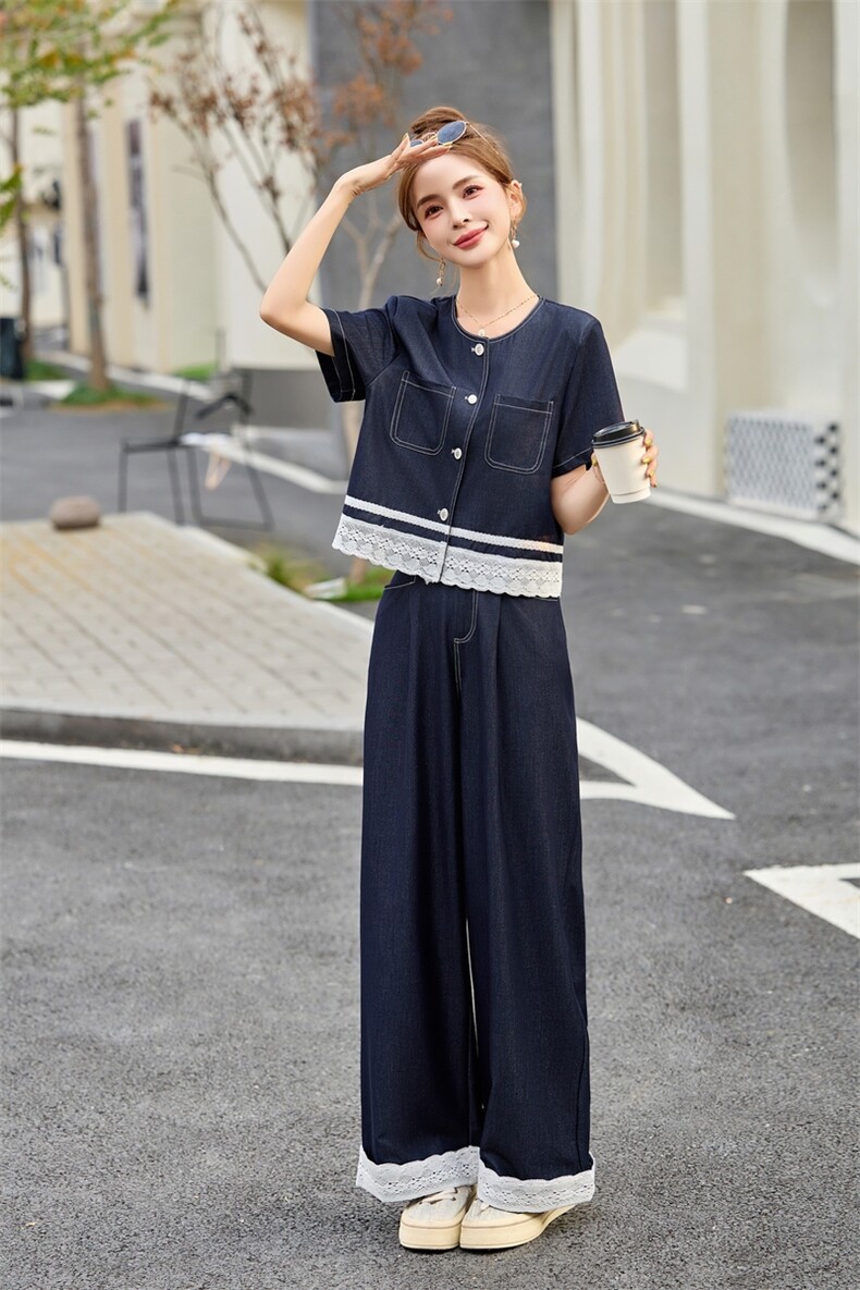 天丝牛仔蕾丝拼接套装女2025春夏新款高级感减龄休闲阔腿裤两件套,女装套装/套裙,魅影