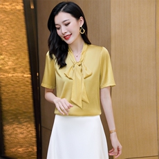 杭州缎面真丝衬衫女士短袖2025年夏季新款时尚高端蝴蝶结飘带上衣，女装衬衫，阿舍尔精品