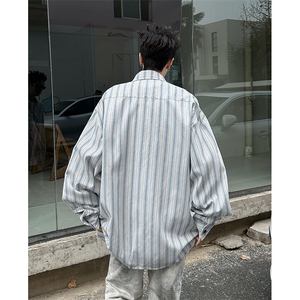 学院风刺绣条纹长袖衬衫男女日系复古设计感小众情侣衬衣CS22-P43图片
