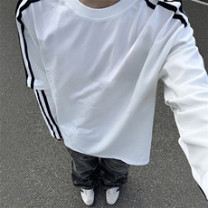 抖音得物高品质美式高街重磅结构织带假两件双纱纯棉长袖T恤W103，男装T恤，电商A486-1