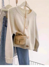 2025年秋季通勤常规长袖加厚插肩袖金扣开衫，女装针织衫/毛衣，胜酷羊绒