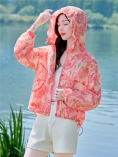 连帽防晒衣女短款2026年夏季新款冰丝薄款时尚印花透气防晒服外套，女装防晒衣，梦懿尔