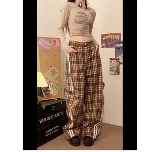 美式复古条纹格子高腰工装休闲裤女秋冬设计感宽松百搭直筒长裤子