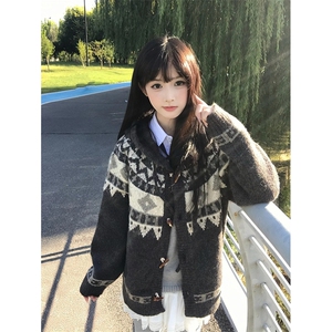 重磅秋冬北极绒开衫毛衣美式复古休闲慵懒风牛角扣针织衫连帽外套图片
