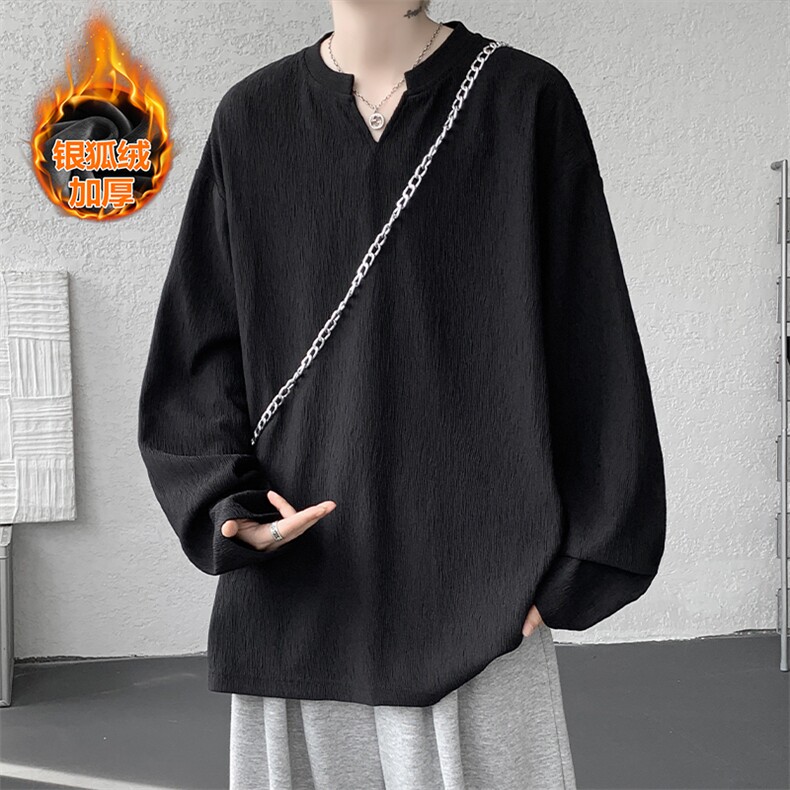 新款450g重磅保暖银狐绒V领大码长袖T恤男T51121J加绒-特P32控59，男装T恤，电商A001