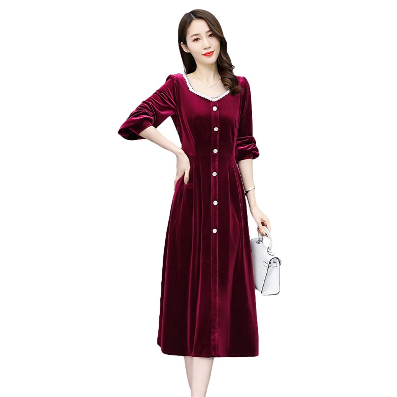 2021春季新款潮流时尚优雅单排扣修身金丝绒连衣裙,女装连衣裙,贵人树