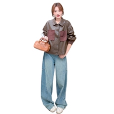 美拉德咖色设计感撞色口袋皮衣外套女2025早春秋港风复古时髦夹克，女装皮衣，2C236
