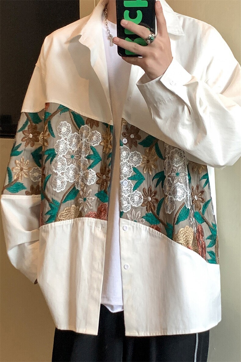 1港风长袖衬衣男情侣大码中性风刺绣潮长袖衬衫男CS9743P50控78,男装衬衫,星座226-2