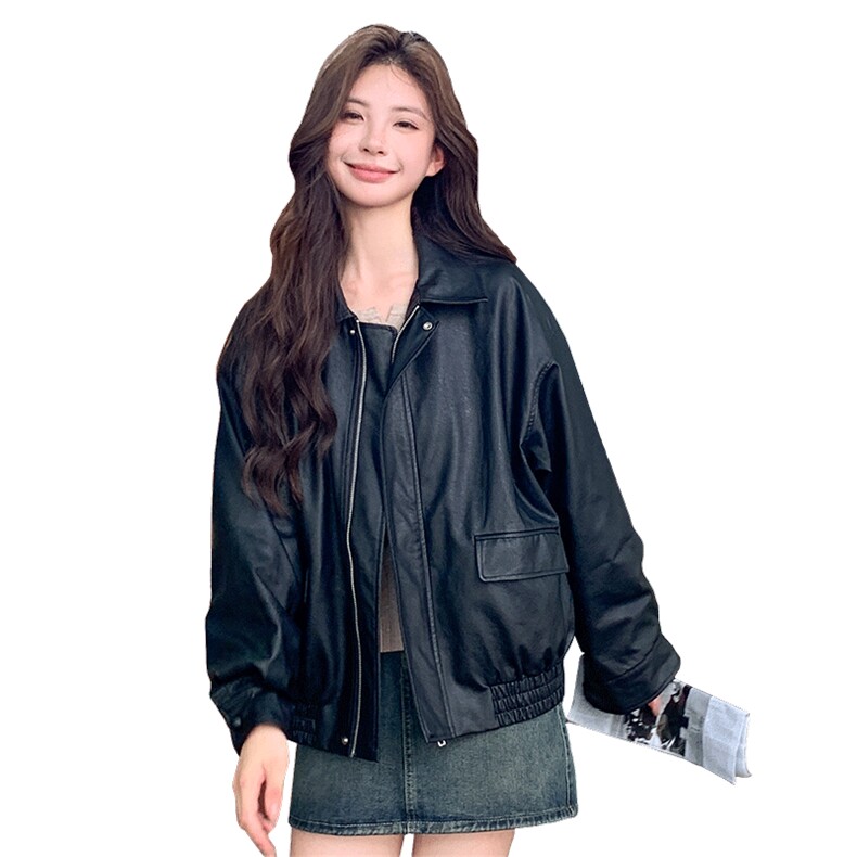 复古港风时尚休闲PU皮女2024年春秋新款大码宽松显瘦夹克外套上衣,女装皮衣,浙宝281