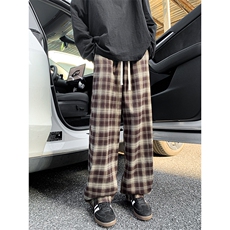 美式复古蓝色格子裤子男春秋季潮牌cleanfit阔腿裤垂感休闲直筒裤，男装休闲裤，电商D232