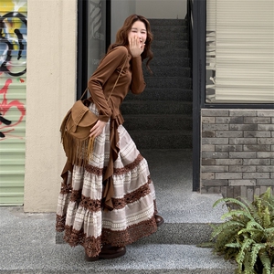 美拉德复古套装女2025秋新款气质不规则上衣蕾丝格子半身裙两件套图片