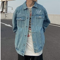 高端牛仔外套男春秋格子拼色宽松韩版百搭翻领工装夹克休闲潮流男，男装工装外套，星座1210-1