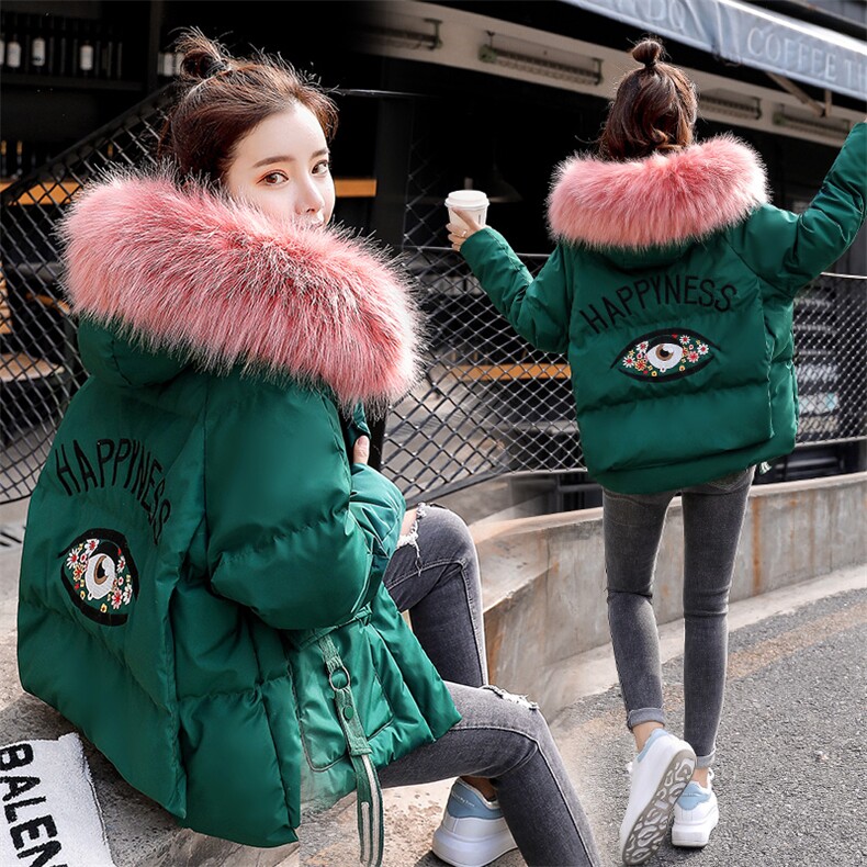 短款宽松百搭舒适长袖2020冬季新款纯色连帽棉衣配仿真毛领，女装棉衣/棉服，艾尚靓装