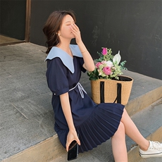 宽松休闲娃娃领雪纺连衣裙女夏2025新款可盐可甜学院风黑色百褶裙，女装连衣裙，2C236