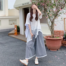不规则蕾丝T恤格子阔腿裤套装女夏文艺森系流行两件套巨好看爆款，女装套装/套裙，2C201