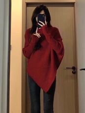 高领羊毛衫女秋冬新款纯色不规则针织长袖宽松打底羊毛衫，女装羊毛衫，思途羊绒