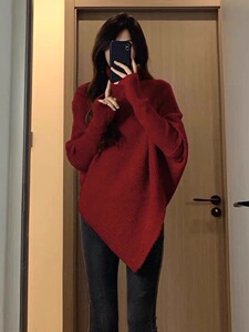 高领羊毛衫女秋冬新款纯色不规则针织长袖宽松打底羊毛衫图片