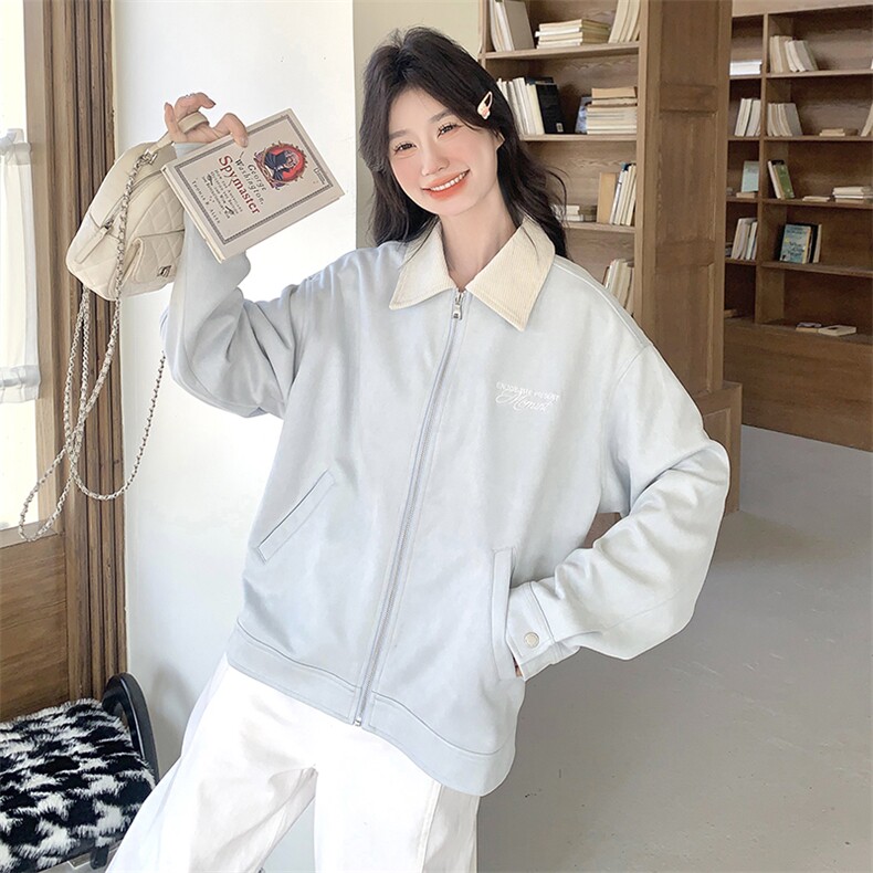 蓝色翻领短款外套女2025秋季新款小个子宽松时尚百搭夹克休闲夹克,女装短外套,2C232