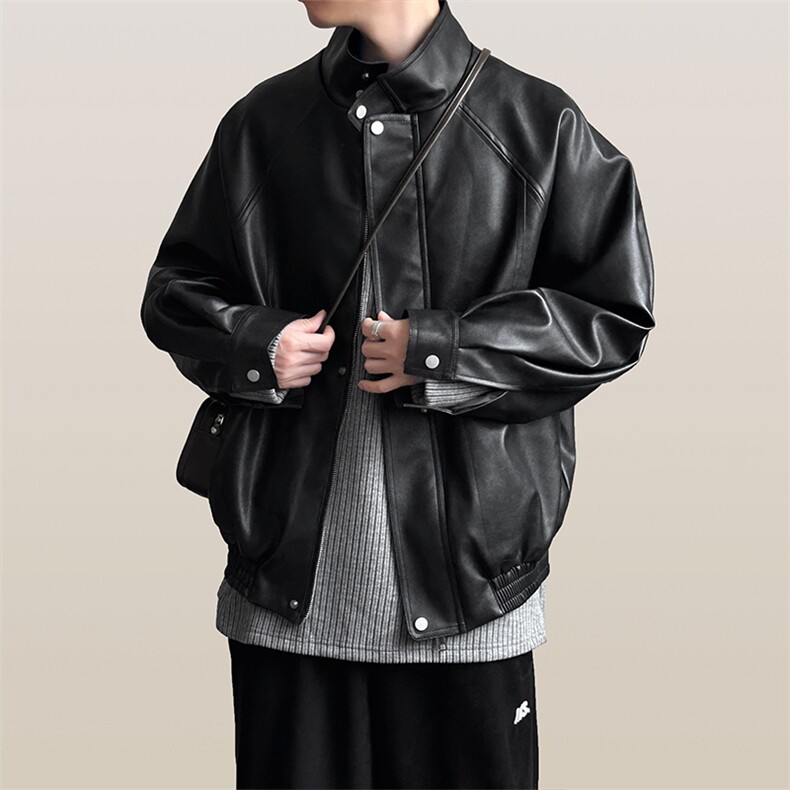 主推现货新款立领皮衣外套男宽松休闲机车皮夹克A351-AP2465-P105,男装夹克,电商A351