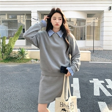 新款拼接POLO领假两件卫衣加绒加厚半身裙两件套女装，女装套装/套裙，2B142