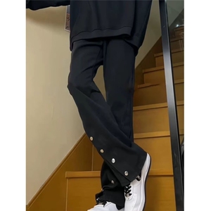 皮带款黑色高腰牛仔裤男夏季美式hiphop裤子高级感vibe微喇排扣裤图片