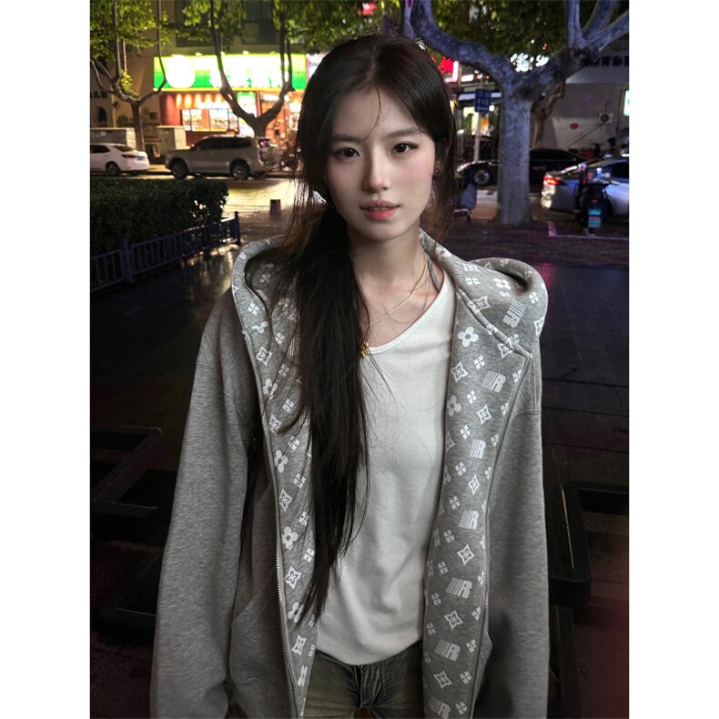 美式刺绣开衫连帽卫衣外套宽松潮牌情侣拉链帽衫W880-P75图片