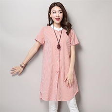经典条纹夏季女装圆领短袖排扣显瘦中长款衬衫，女装衬衫，独衣靓