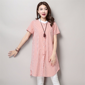 经典条纹 夏季 女装 圆领 短袖 排扣 显瘦 中长款 衬衫图片