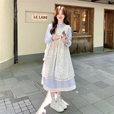 甜美木耳边蓝色格子连衣裙女2025早秋新款镂空绣花流苏罩衫两件套，女装套装/套裙，2C133