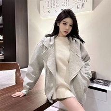 抖音得物品质26春装美式重磅结构斜拉链高领连帽卫衣开衫外套W61，女装短外套，电商A486-1