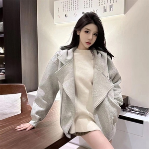 抖音得物品质 26春装美式重磅结构斜拉链高领连帽卫衣开衫外套W61图片