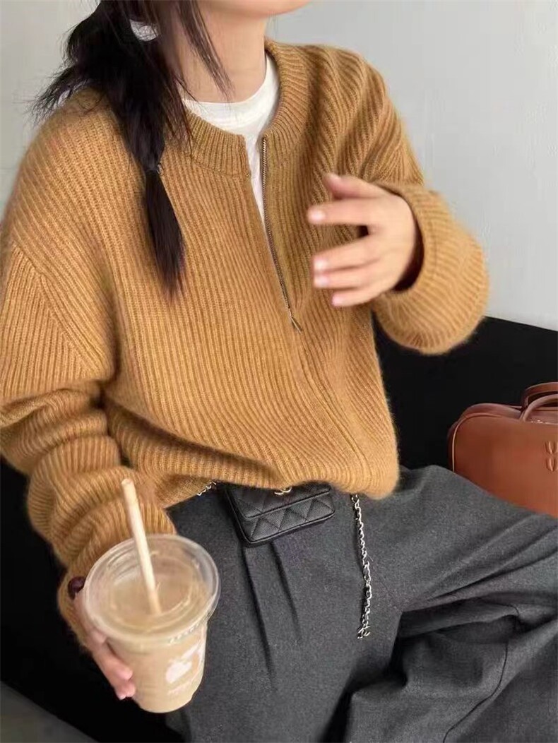 秋季新款舒适显瘦时尚百搭圆领拉链针织开衫，女装羊毛衫，恒恩羊绒