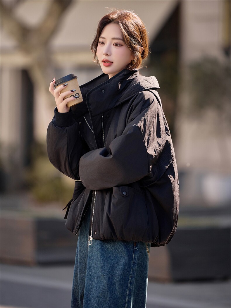 填充棉羊毛黑色保暖厚棉服女2026冬季新款连帽气质百搭设计感外套,女装棉衣/棉服,梦懿尔