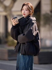 填充棉羊毛黑色保暖厚棉服女2026冬季新款连帽气质百搭设计感外套，女装棉衣/棉服，梦懿尔