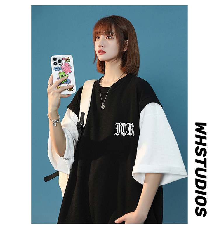 中性风2023夏季设计感小众华夫格字母休闲套装TZ621P75控98，女装运动套装，A247A