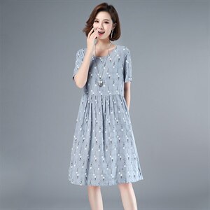 2021年夏季通勤韩版中长款A字裙小碎花妈妈装高腰短袖圆领裙子图片