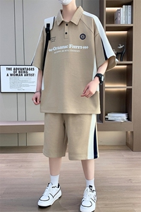 港风套装男休闲宽松冰丝青年翻领领短袖T恤短裤两件套-JZ507-P53图片