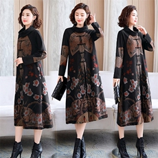 大码妈妈改良旗袍连衣裙2024秋冬新款加绒中老年喜婆婆婚宴装礼服，女装连衣裙，缘衣格