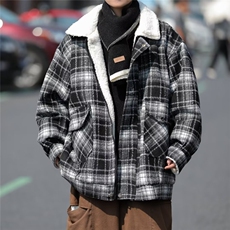 格子毛呢大衣男冬季2024新羊羔毛棉衣外套加绒加厚翻领棉袄M9017，男装夹克，星座1116A-1（原606A）