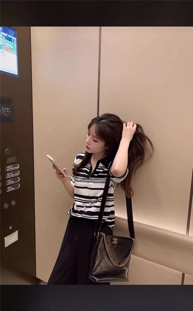 时尚条纹POLO领纯棉短袖针织衫显瘦百搭黑白T恤女,针织衫/毛衣,洁纯羊绒