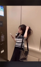 时尚条纹POLO领纯棉短袖针织衫显瘦百搭黑白T恤女，女装针织衫/毛衣，洁纯羊绒