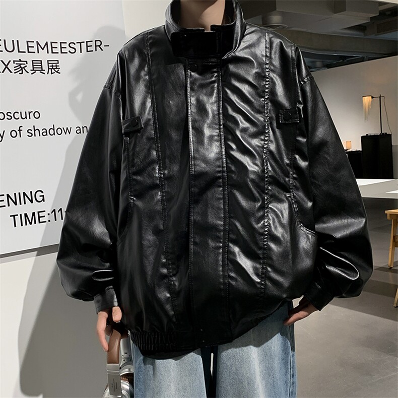 港风秋款男皮衣工装织带拼接款皮夹克休闲外套JK067P75,男装夹克,星座1013-1