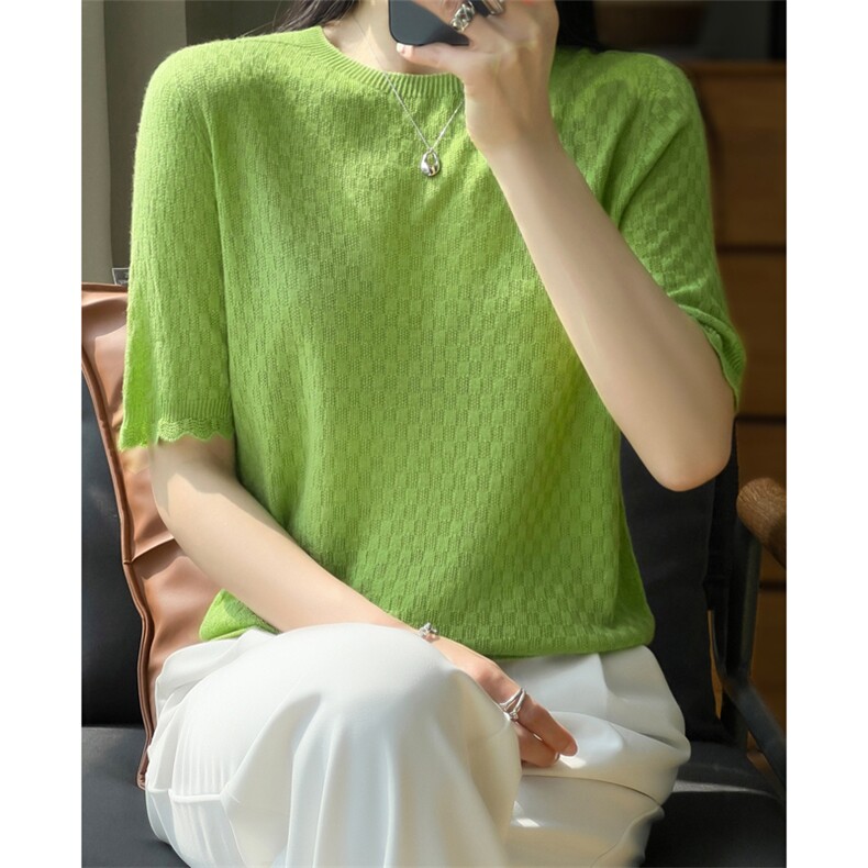 一线成衣夏季新款精纺羊毛短袖t恤女宽松圆领花边针织衫半袖上衣,针织衫/毛衣,大美人高端店