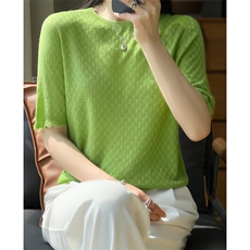 一线成衣夏季新款精纺羊毛短袖t恤女宽松圆领花边针织衫半袖上衣，女装针织衫/毛衣，大美人高端店
