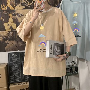 YT26141-P30亚麻短袖t恤男大码五分袖男宽松七分袖海报风，男装T恤，电商A040