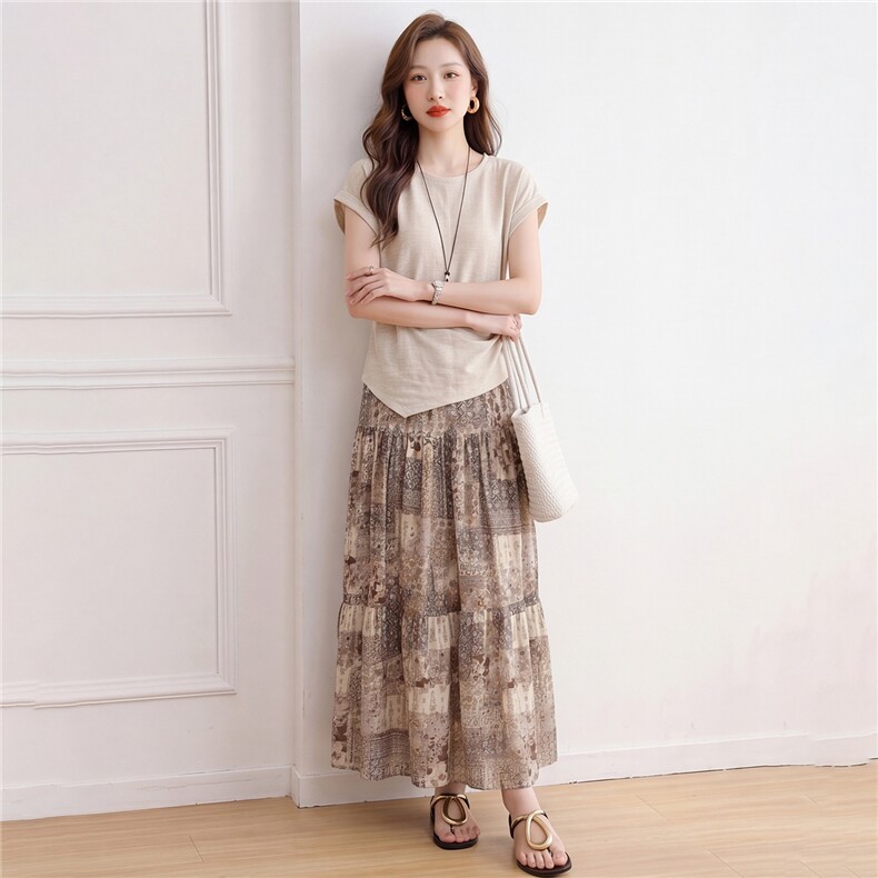 套装女夏季t恤半身裙优雅时尚两件套,女装套装/套裙,曼沙奕珂